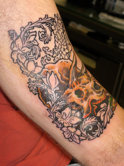 Triceratops skull tattoo in progress.